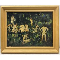 George Graham (British 1881-1941): Nude Figures in the Woods, oil on canvas signed 30cm x 40cm 
Notes: better known for his landscape paintings of West Yorkshire and Sussex , and for his friendship with Fred Lawson, later in life Graham produced some more surreal works, such as the present picture and a series of 'Creation' paintings held by Hastings Art Gallery.
