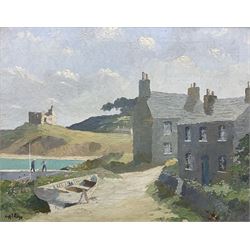 Hugh E Ridge (Bridge 1899-1976): 'Cottages at Old Grimsby, Tresco, Isles of Scilly', oil on canvas signed, titled on artist's studio label verso 39cm x 49cm 
Notes: Sold with a signed letter from the artist thanking the purchaser dated 11.7.76