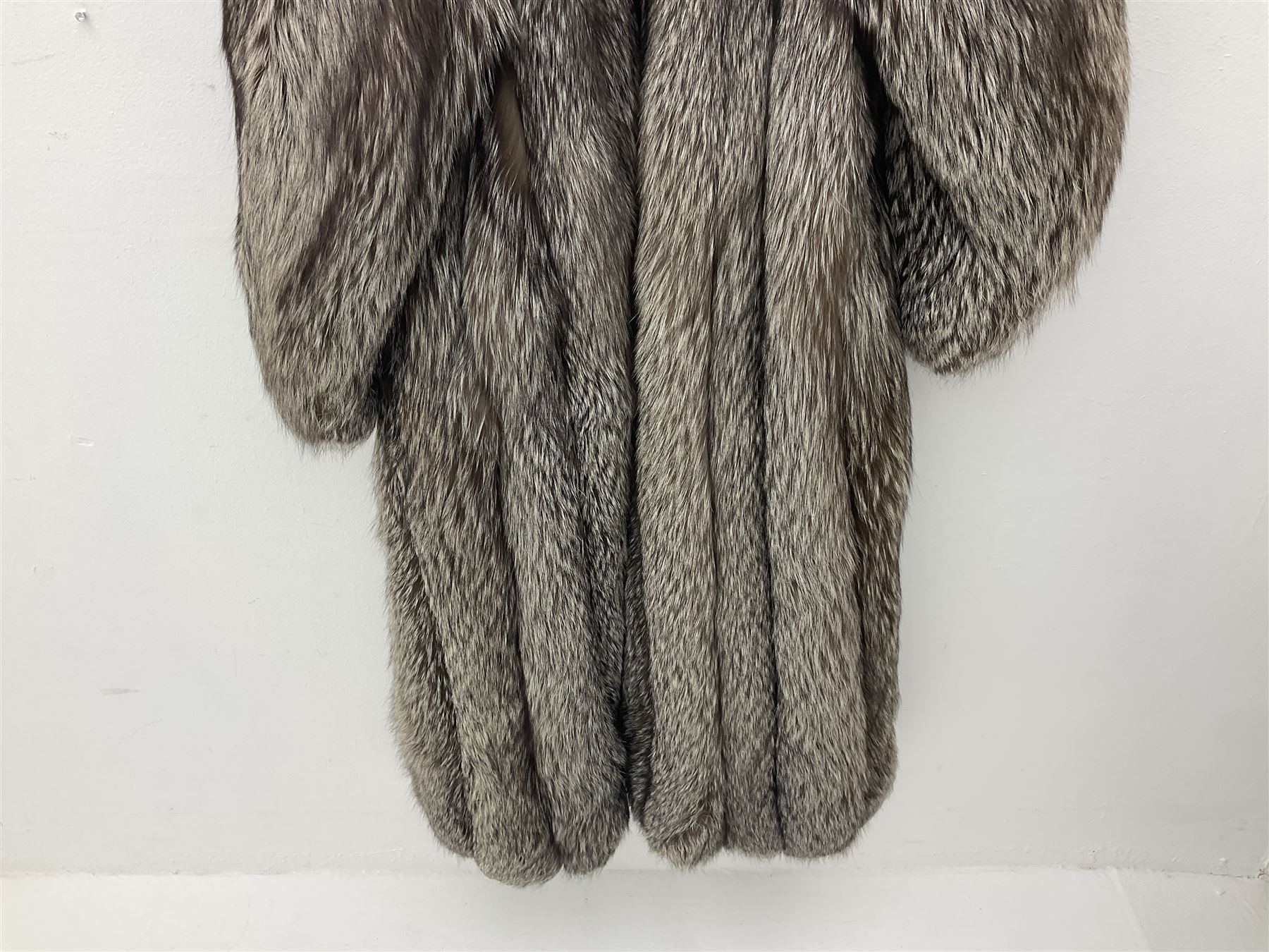 Grosvenor Canada for Harrods vintage full length silver fox fur coat, with black silk lining, no size indicated, approximately vintage size 12 