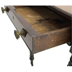 George III mahogany Pembroke table, rectangular drop-leaf top with rounded corners, fitted with single end drawer, turned supports on castors