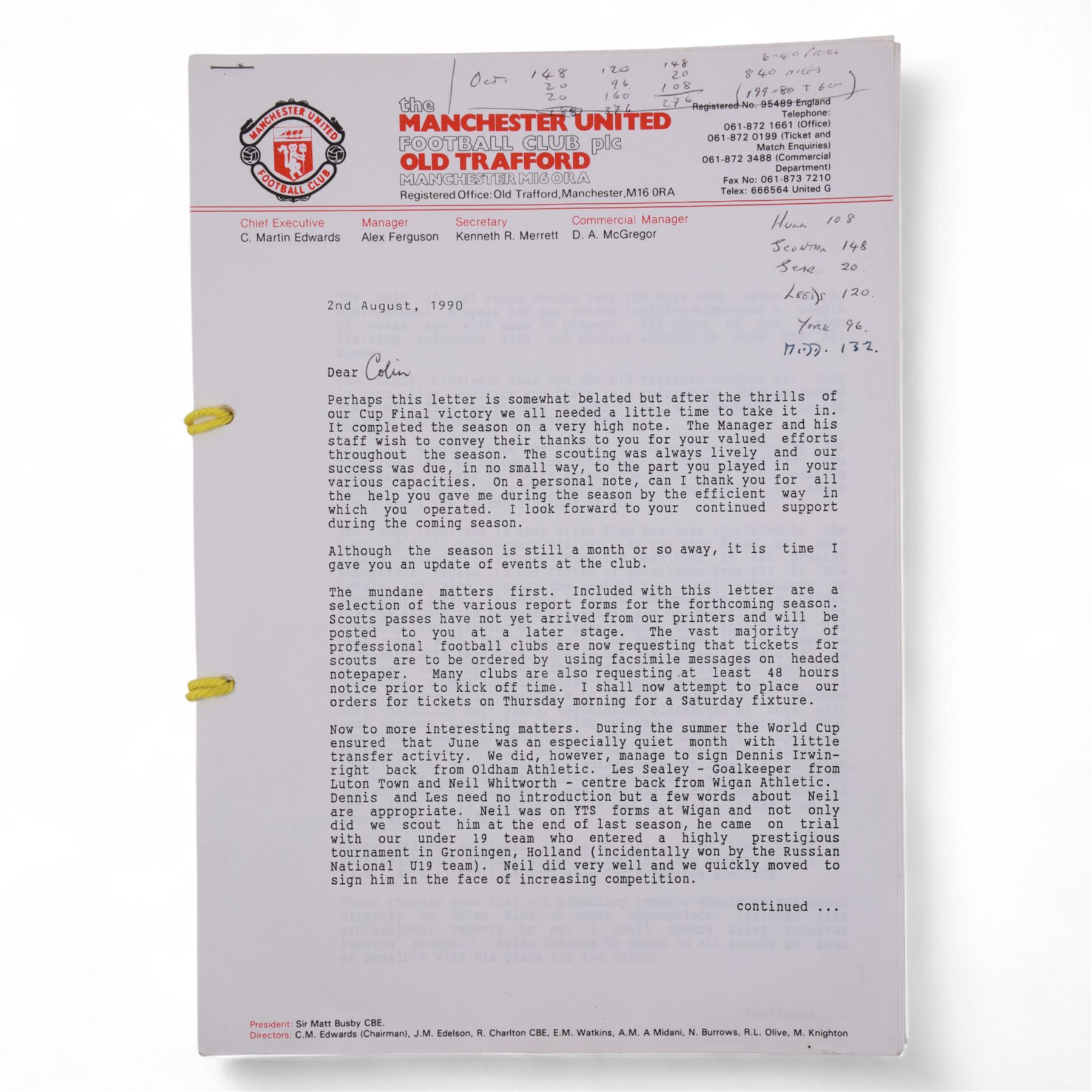 Collection of letters addressed to Colin Appleton, former Leicester City captain and Scarborough FC manger, all on Manchester United letterheads, including a hand written personal letter from former England manager Steve McClarren discussing his experiences as a Manchester United player, and from Manchester United staff members Les Kershaw Chief Scout and Ken Merrett Club Secretary, regarding Colin's time as a scout for the club, updates on player's injuries and progress during the 1990/1991 season, ticket purchases, Christmas hampers and expenses