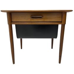 Mid 20th century Norwegian hardwood work or sewing table, rectangular top over single drawer and sliding black vinyl storage basket, on tapering supports