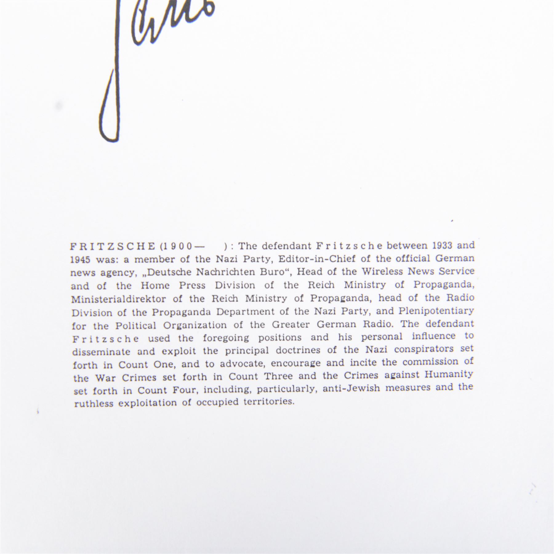 Nuremburg Trails; original signature of Hans Fritzsche Editor Chief of German News Agency, Properganda and Wireless  