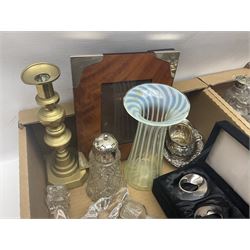 Uranium green glass vase, together with cranberry glass jug, glass dish with silver plate rim, glass cruet set etc, in two boxes 