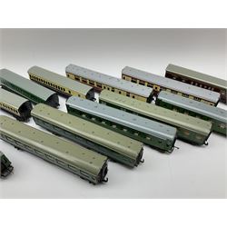 Hornby Dublo - thirteen re-painted coaches comprising LMS Buffet Car, GWR Royal Mail Travelling Post Office and two passenger coaches, two 'blood and custard' Super Detail coaches and seven with S.R. green livery; all unboxed (13)