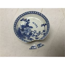 19th Century Imari pattern Japanese blood letting bowl, together with 19th century chinese blue and white square dish with decorated with blossoming flowers, together with thee blue and white saucers 