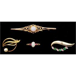 Gold three stone opal and ruby ring and three gold stone set brooches including opal, pearl and emerald and diamond chip, all hallmarked 9ct