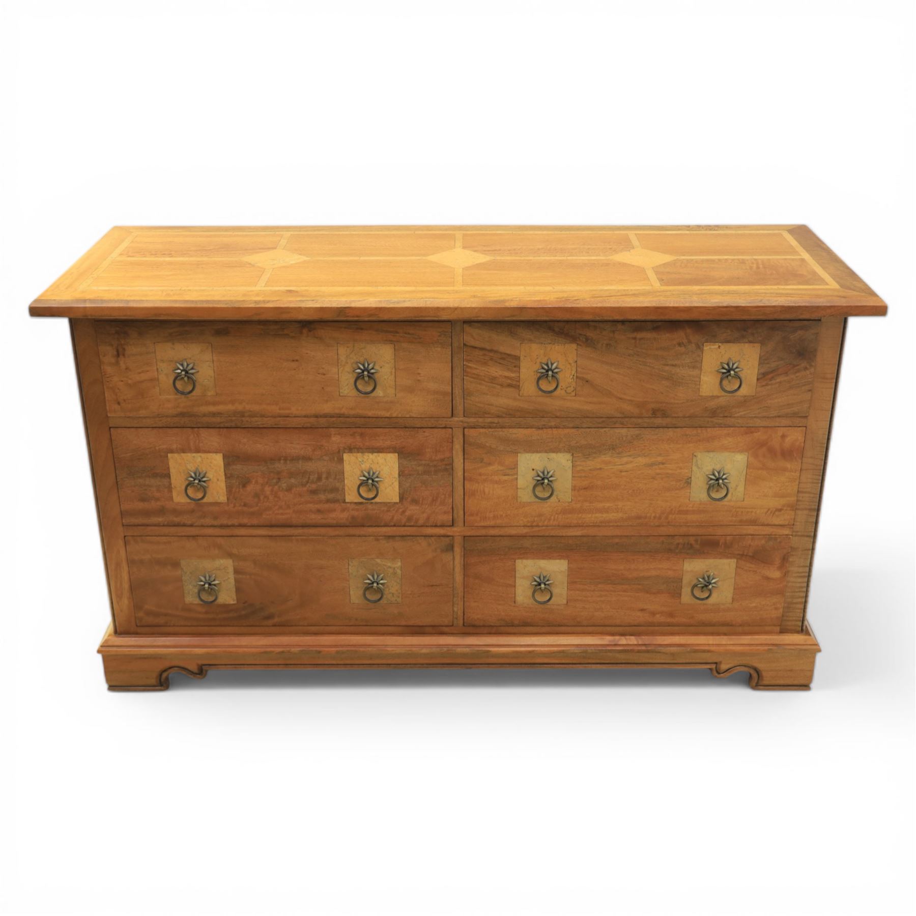 Barker & Stonehouse - 'Flagstone' chest of drawers, rectangular top made of solid mango wood with stone travertine inserts, above six short drawers applied with stone and metal ring pulls with star detail, raised on a shaped bracket base