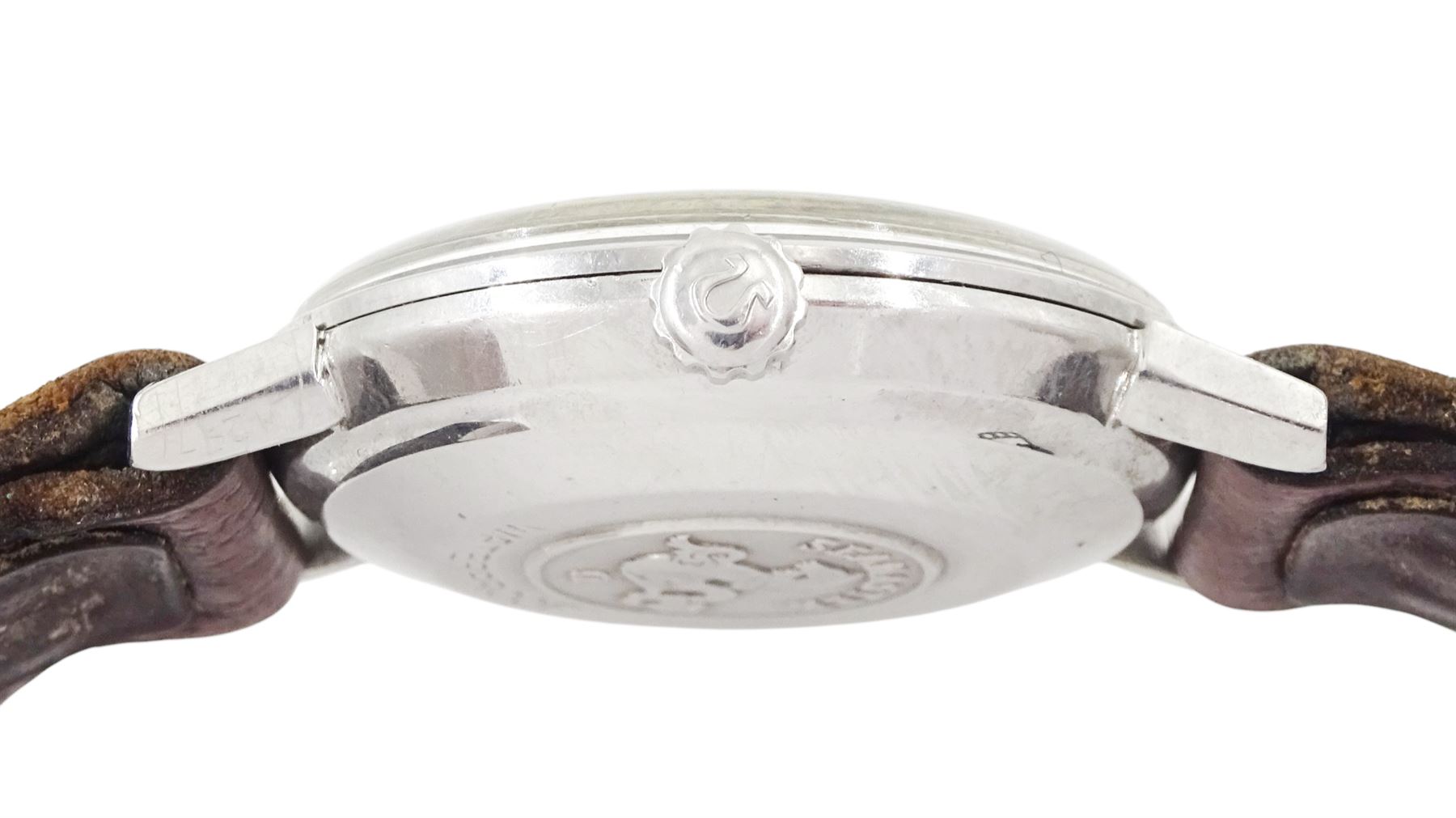 Omega Seamaster gentleman's stainless steel automatic wristwatch, silvered dial with baton and dagger hour markers, on brown leather strap, boxed