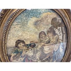 Regency wool and silkwork picture, of oval form depicting three young children and a sheep, within a rural landscape with building visible to right hand side, and painted sky, in gilt frame with beaded inner border and gadrooned outer border, silkwork H25cm W20cm overall H31cm W25.5cm