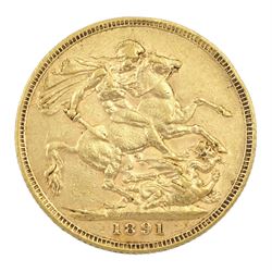 Queen Victoria 1891 gold full sovereign coin