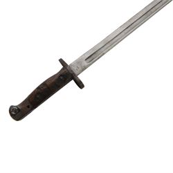 British bayonet, the 44cm blade stamped to the the ricasso Sanders, with wooden two piece grip,  in a steel scabbard with canvas frog, overall L58cm