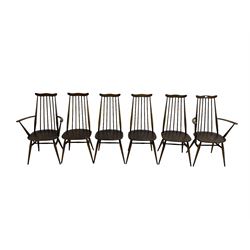 Ercol - set six elm and beech ‘Windsor’ stick back dining chairs