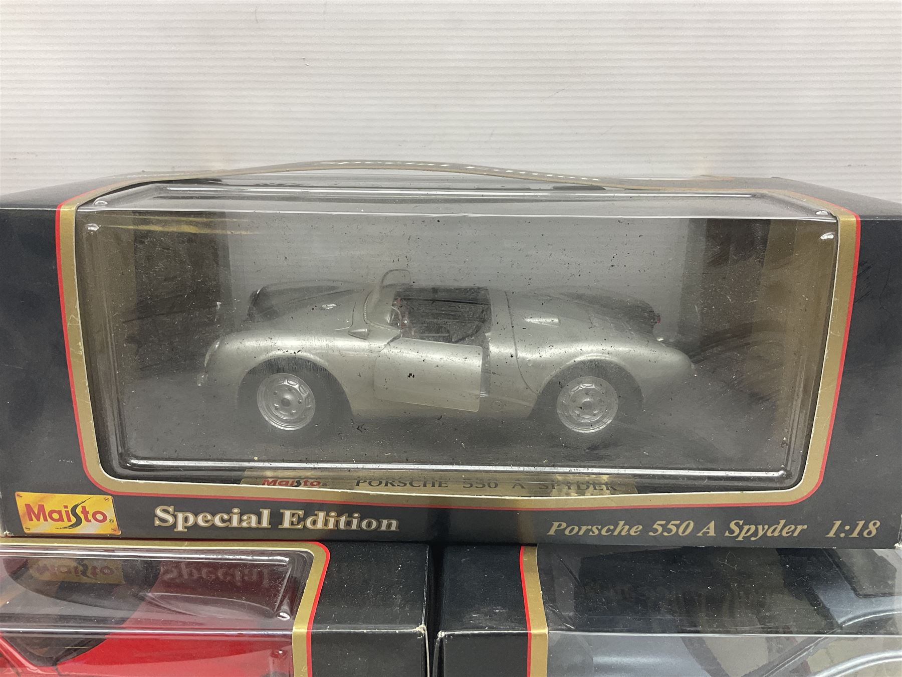 Three Maisto Special Edition 1:18 scale die-cast models - Porsche 550A Spyder, Jaguar 'S' Type and Ferrari 550 Maranello; all boxed; five other unboxed Maisto/Bburago 1:18 scale models; and two Classic Collection lead crystal models of Classic Cars (10)