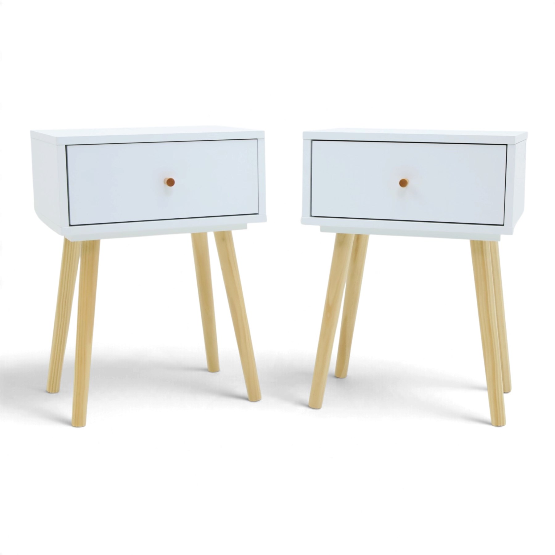 Contemporary pair of white single drawer bedsides, raised on tapering light wood supports