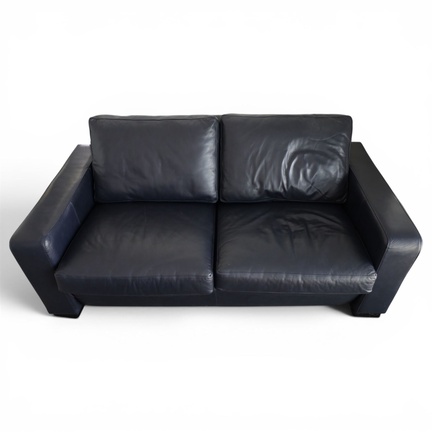 Modern blue leather two seat sofa, square formed arms, four loose cushions
