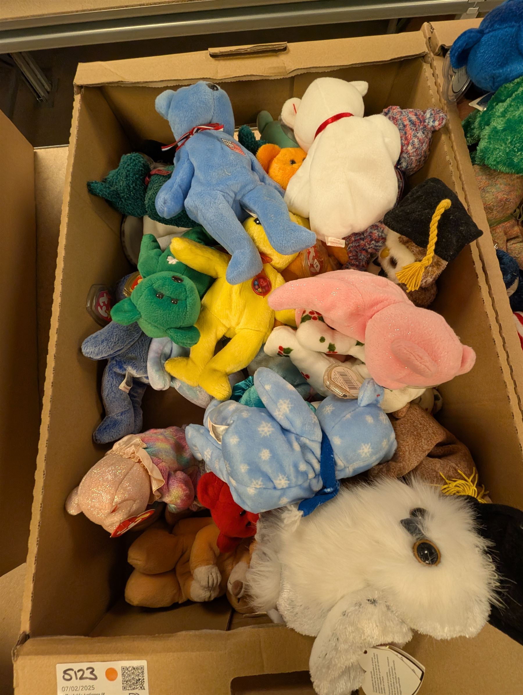 Large collection of TY Beanie Babies, including Princess the Bear, set of thirty two 2002 Fifa World cup bears, etc, mostly with tags in tag protectors, in seven boxes