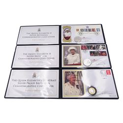 Three Benham coin covers, comprising two 2015 Britannia fine silver 1oz coins in two different covers and a 2015 silver proof two pound coin