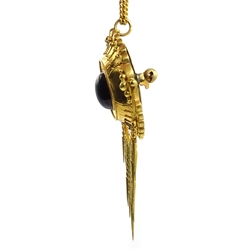 Victorian 18ct gold (tested) cabochon garnet pendant/brooch, picture back, on high carat gold (tested 18ct+) chain   