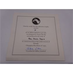 Modern limited edition silver salver, celebrating the achievements of Grundy, champion racehorse of 1975, each of circular form with gadrooned rim and plaque to centre depicting jockey mounted upon Grundy, designed by Stuart Devlin, limited edition no. 15/500, hallmarked London 1976, makers mark LH, D23cm, within silver lined fitted box and limited edition certificate 