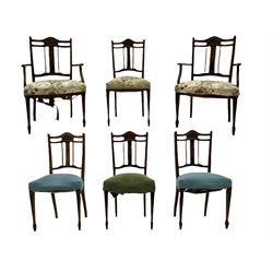 Set six Edwardian inlaid rosewood and mahogany salon chairs, the cresting rail carved with floral motif, the middle splat inlaid with bell flowers, sprung upholstered seats, square tapering supports with spade feet, two elbow chairs and four side chairs