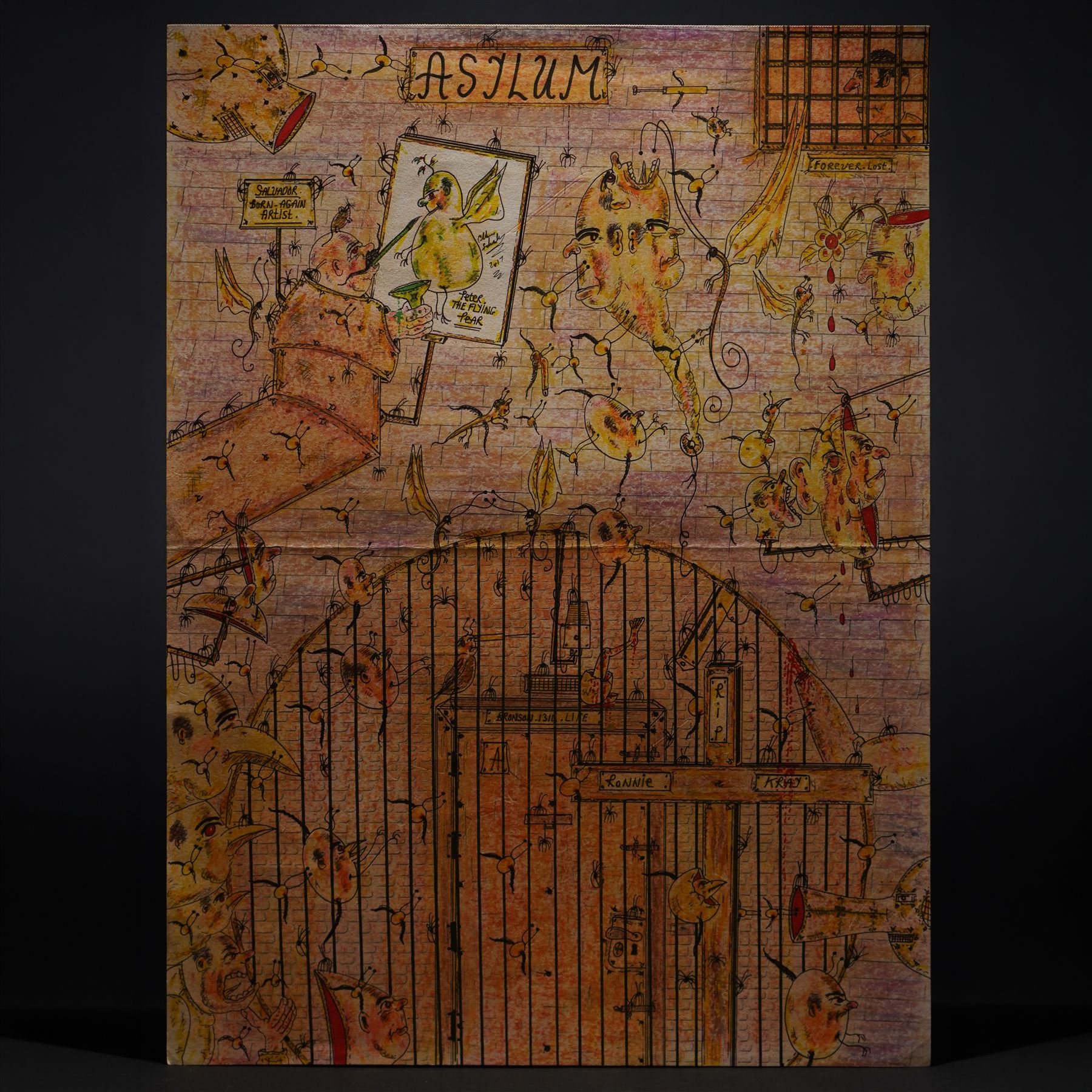 Charles Bronson (Charles Arthur Salvador) (British 1952-): A comprehensive collection of five hundred mixed media works executed between 2000 and 2025. Produced during the artist’s long-term incarceration, the works are primarily in ink, coloured pencil and mixed media on paper. The collection includes multiple formats: A5 (15 works), A4 (308 works), A3 (164 works) and A2 (13 works). Some are signed and dated; a number are executed on the reverse of official prison documents and other repurposed materials, reflecting the limited availability of art materials within the prison environment. This collection represents the largest body of the artist’s work to be offered as a single lot and has not previously been available on the market. (500) (unframed)

Notes: Dated examples span the period from 2000 to 2025, with the greatest concentration produced between 2012 and 2019 and including a group of recent large-scale works from the final years of the period; approximately twenty percent are undated.