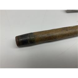 Four wooden walking canes, including a carved mahogany snooker cue example, tallest H86cm