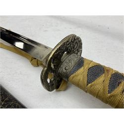 Reproduction Japanese katana with 63cm slightly curving fullered steel blade, ornate tsuba, cord bound grip and gilt transferred black saya L92cm; and two fencing foils, one marked Leon Paul (3)