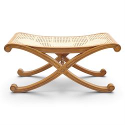 And So To Bed - cherrywood 'Louis XV' caned bench, caned top above an X-frame united by turned stretcher