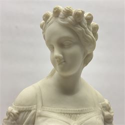 Parian figure modelled as a female in classical dress leaning upon a tree stump, H36cm