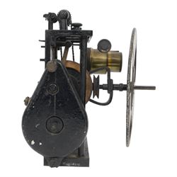 Early 20th century French cine film projector, impressed plate verso 'Pathe Freres Becker 23976', with geared mechanism, all mounted on a heavy black lacquered cast iron frame, H30cm