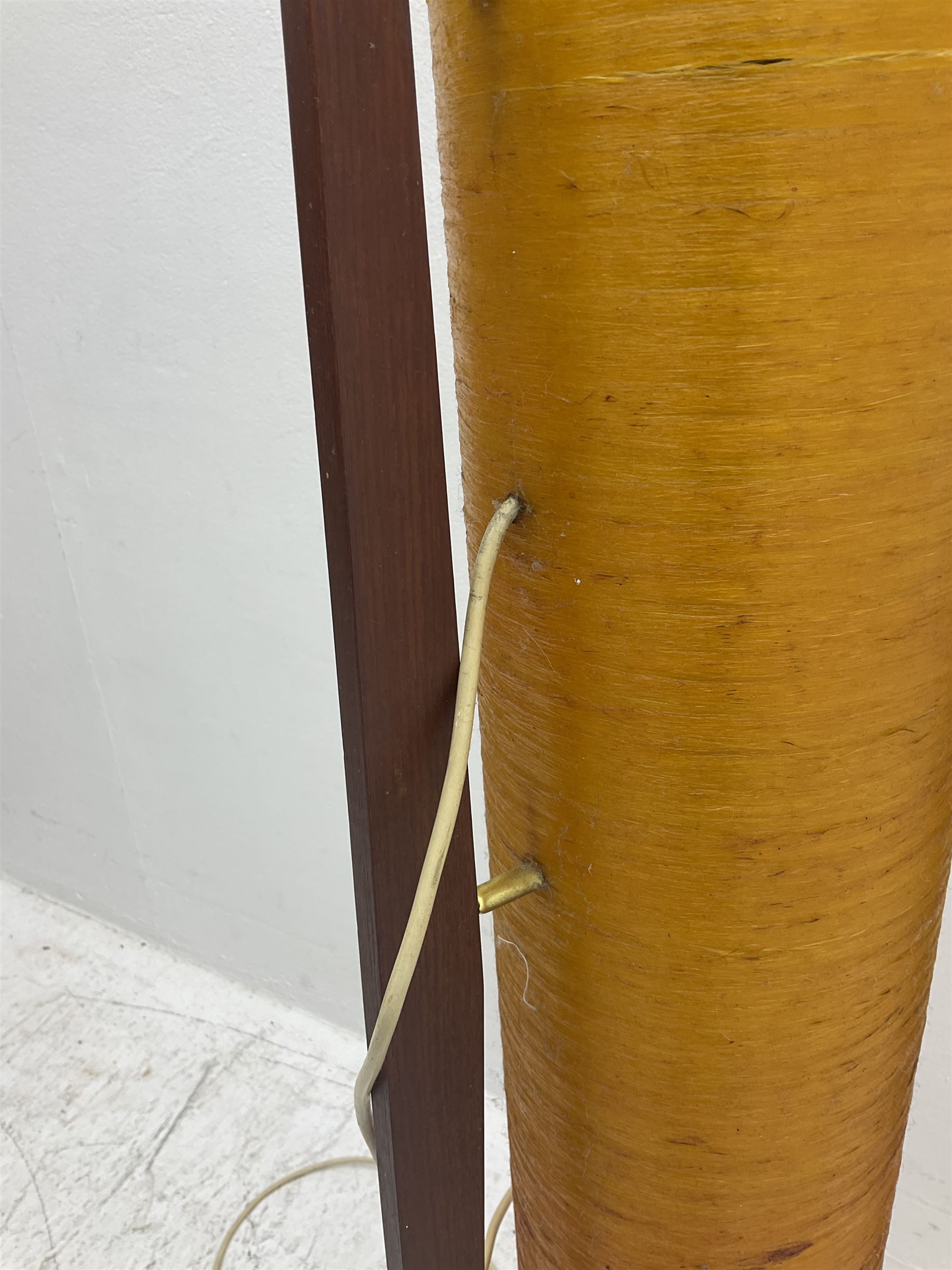 Mid century floor standing rocket lamp, the spun cylindrical orange fibreglass shade supported by three tapering teak legs, together with a matching small cylindrical shade, lamp H112cm