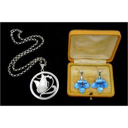 Danish silver butterfly pendant by Bernhard Hertz, on silver chain and a pair of Norwegian blue enamel orchid pendant stud earrings