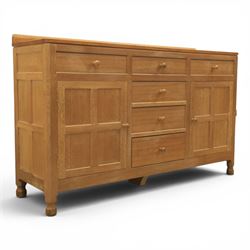 Mouseman - adzed oak dresser, fitted with six drawer and two cupboards, with carved mouse ...