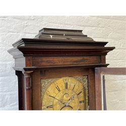 18th century c1760 oak cased George III longcase clock by William Eastwood of Burnley, with a stepped caddy top on a projecting cornice and blind frieze, square glazed door flanked by two turned pillars with gesso capitals, trunk with conforming recessed pillars and a full length wavy topped door, on a square plinth with a raised panel and shaped skirting, 12” square brass dial, 11” chapter ring with Roman numerals and five-minute Arabic's,  