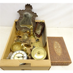 Early 20th century shaped copper wall mirror, 19th century brass candlesticks, oak biscuit barrel, clock movement, brass wall sconces, 1940's brass perpetual calendar, Hammond's advertising tray and miscellanea in one box  