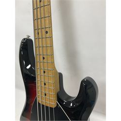 Ernie Ball Music Man Sting Ray 5 string bass guitar, in honey burst finish, serial no E26517, in black Pod case, guitar L115cm