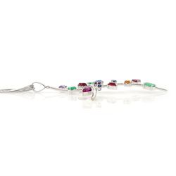 18ct white gold multi gemstone cross pendant necklace, vari-cut stones including emerald, ruby, pink and blue sapphire, red and blue stones, on a four strand box link chain necklace, stamped 750