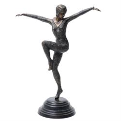 Art Deco style bronze of dancing lady on a stepped metal plinth H48cm