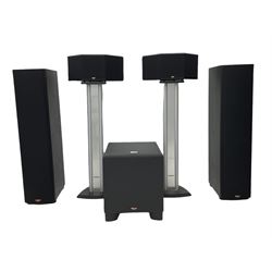 Klipsch surround sound speaker system, including two three way floor standing SF2BLK speakers, two SS1 speakers on stands, a KSW10 sub woofer, Pioneer amplifier and DVD/CD player