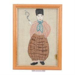 Four silkwork embroidery portraits, including two Dutch women, man smoking a pipe and a woman in period dress, all framed