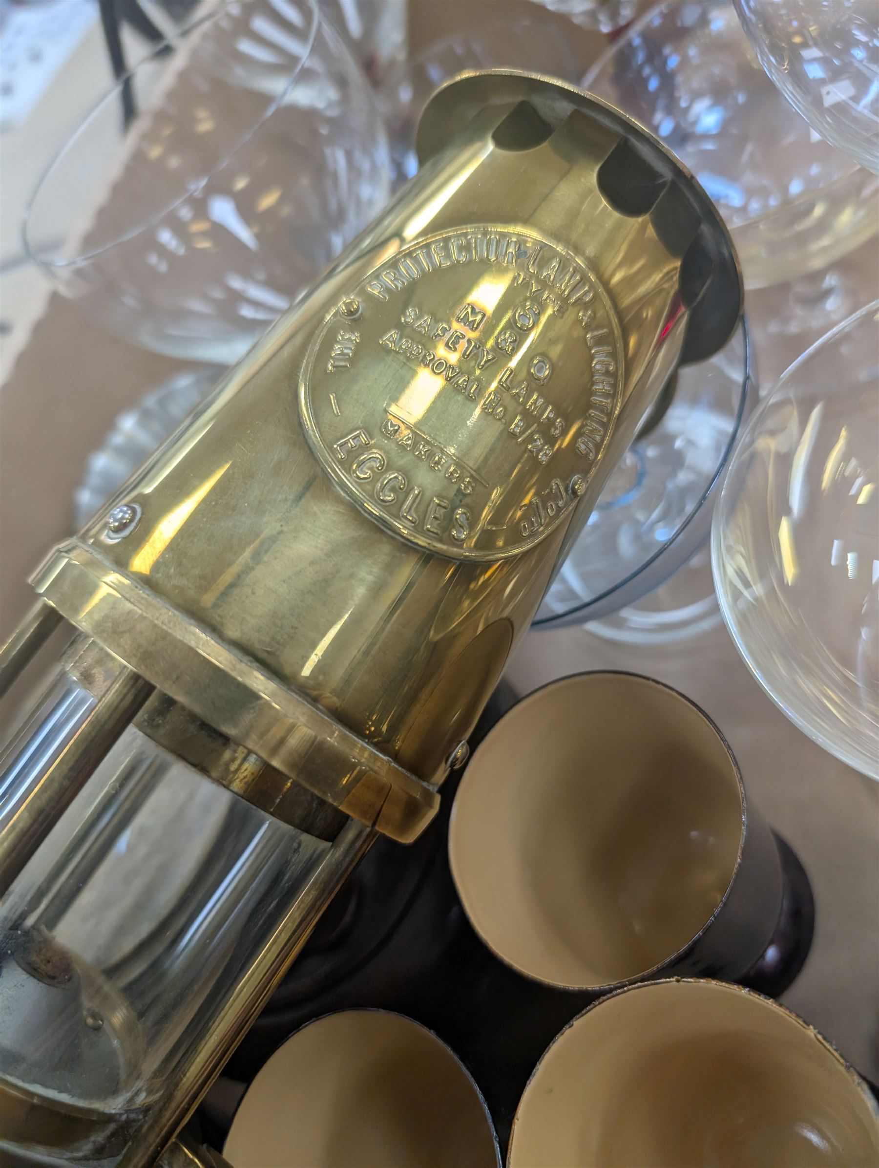 Five Wedgewood glass animals, iridescent mushroom paperweight, Type 6 Eccles brass safety lamp and a collection of metalware, glassware etc