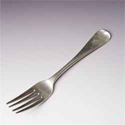 Five George IV Scottish silver table forks engraved with initial Glasgow 1829 Maker G Thomson, one German silver (800) spoon and five silver serviette rings