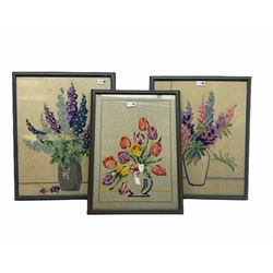 Three late 20th century framed needleworks of flowers, largest H59cm W47cm