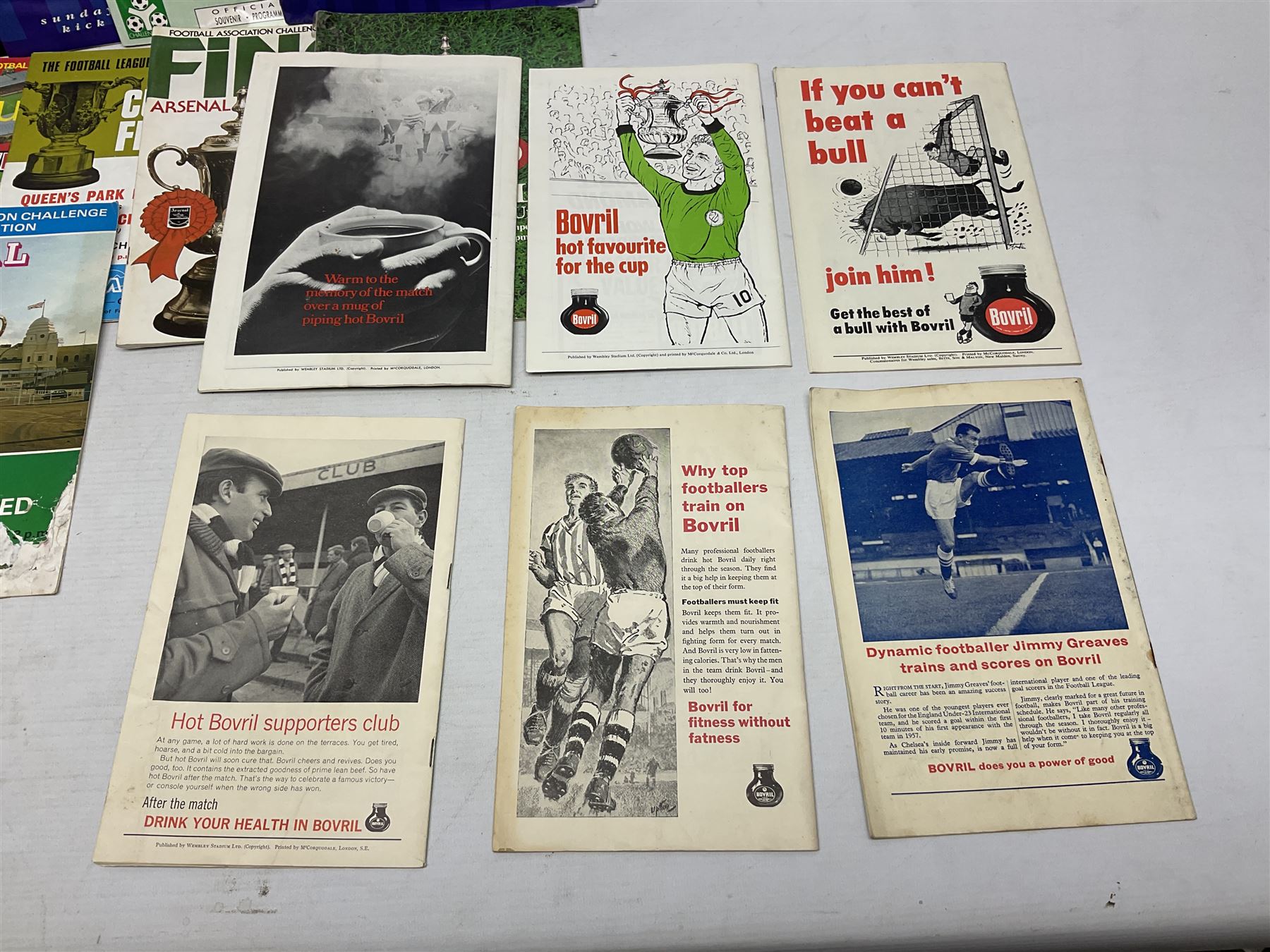 Twelve F.A. Cup Final programmes at Wembley - 1961, 1963, 1964, 1966, 1968, 1969, 1975, 1978, 1979, 1980, 1993 & 1998; F.A. Cup Semi-Final programme 1991 Arsenal v Tottenham Hotspur; three League Cup Final programmes 1967/69/88; and two F.A. Charity/Community Shield programmes 1993/2015 (18)