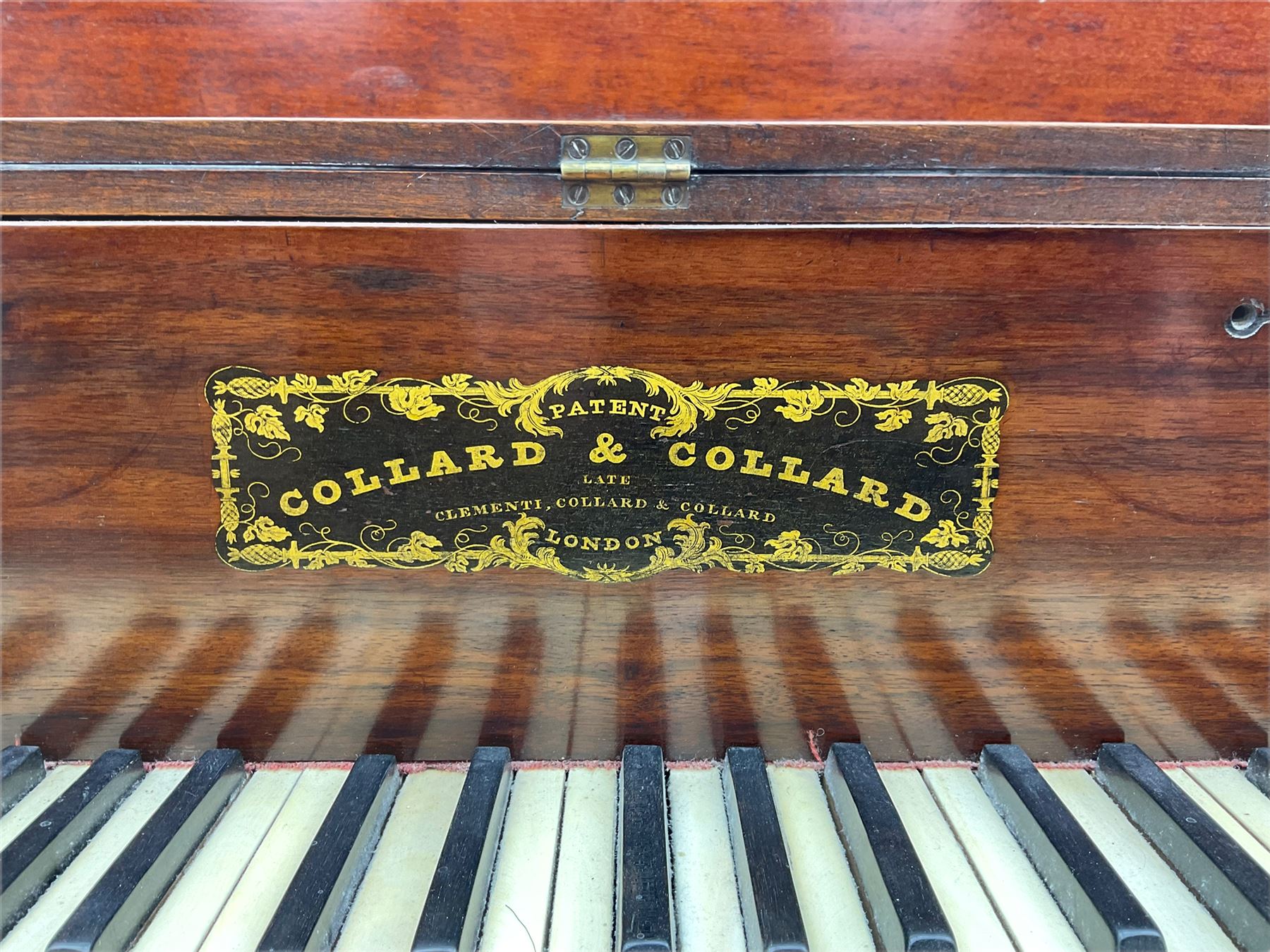 Collard & Collard - early 19th century mahogany square piano, hinged and retractable keyboard cover and lid, turned legs on brass castors