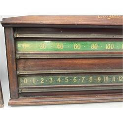 Late 19th/early 20th century E.J. Riley Ltd of Accrington billiard score board, housed in brass-mounted mahogany case, together with a Riley framed rules sheet, board L89cm