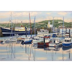 Joy Lomas (British Contemporary): 'Scarborough Harbour showing the Albert Strange Pontoons', oil on canvas signed, title label verso 70cm x 100cm