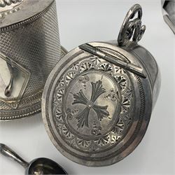 Silver plated biscuit barrel, of cylindrical form with cross hatch decoration, fluted domed hinged cover and upon pierced gallery and three claw and ball feet, together with a silver plated oval box and a sugar bowl in the form of a coal scuttle, barrel H18.5cm