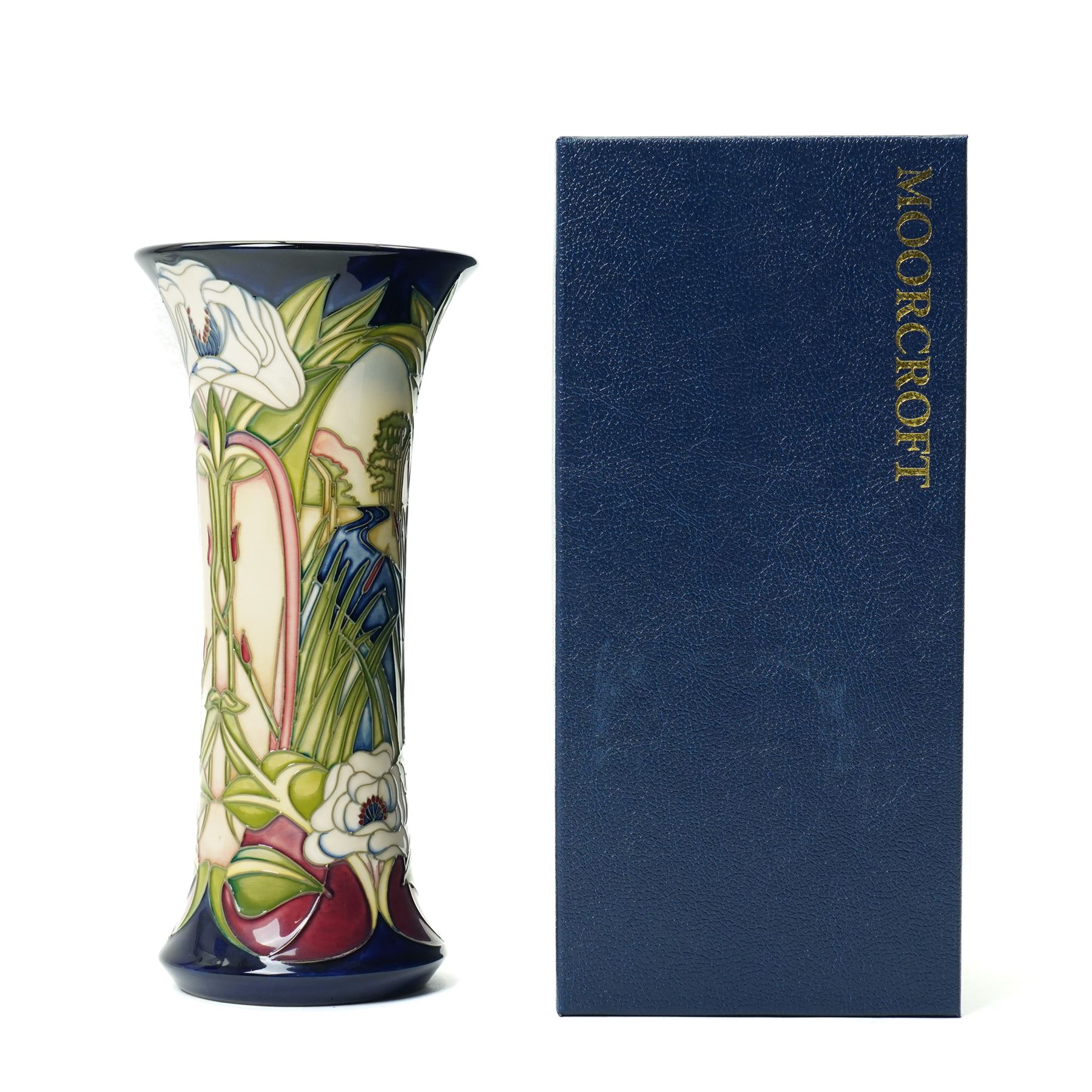 Moorcroft Fountains Abbey pattern vase, of cylindrical form with flared neck, designed by Philip Gibson, with impressed and painted marks to base, with original box, H25cm